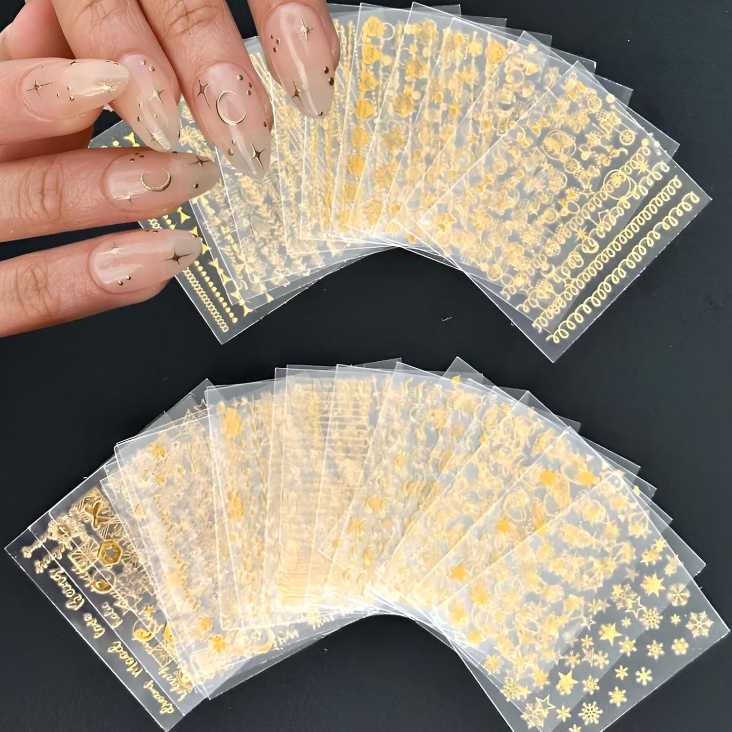 30 Sheets Gold Nail Art Stickers 3D Self-Adhesive Nail Decals Gold Line Star Nail Stickers for Acrylic Nails Gold Leaf Diamond Nail Supplies for Women-FemmiqueWomen