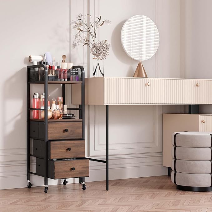 HapiRm Rolling Makeup Cart Organizer - Floor Skincare Make Up Storage with 3 Drawers, Vanity Organizer Cosmetic Display Cases Holder for Skin Care Perfume Nail Polish Brush Hair Tool-FemmiqueWomen