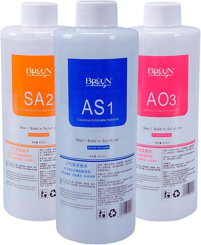 BRÜUN Hydrogen Oxygen Facial Machine Serums for Facial Cleansing – A Pack of 400ml 3 Aqua Peeling Solution AS1, SA2, and AO3 –Skin Care Hydra Solution for Vacuum face Cleaning Jet for Home and Spa-FemmiqueWomen