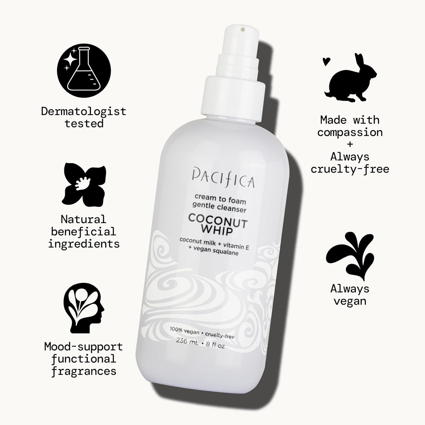 Pacifica Coconut Whip Cream to Foam Face Wash - Gentle Hydrating Facial Cleanser for Dry & Sensitive Skin, Moisturizing Daily Face Wash, Non-Comedogenic Vegan & Cruelty-Free, Dermatologist Tested 8oz-FemmiqueWomen