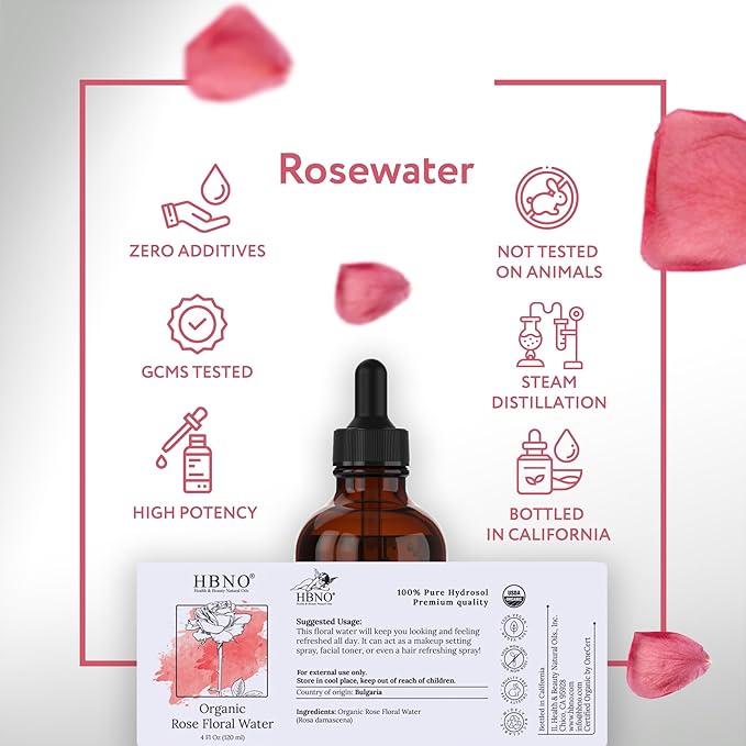 HBNO California Bottled Organic Rose Water for Face 4 fl oz (120ml) - USDA Certified Organic Rose Water Spray for Cleansing- Pure Rosewater for Hair - Rosewater Face Mist-FemmiqueWomen