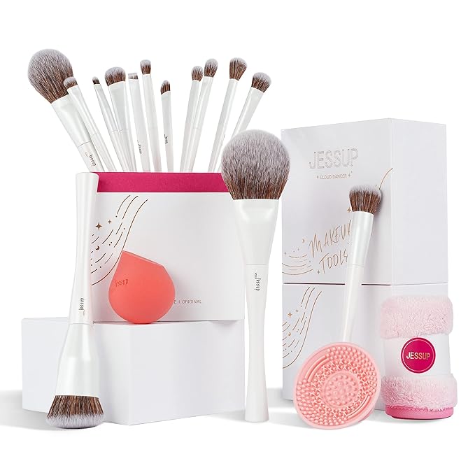 Jessup Makeup Brushes Set 14pcs Highend Makeup Gift Set for Women Include Foundation Concealer Blush Contour Powder Eye Shadow Brush, Makeup Sponge, Makeup Brush Cleaner and Towel, Pearl White T333-FemmiqueWomen