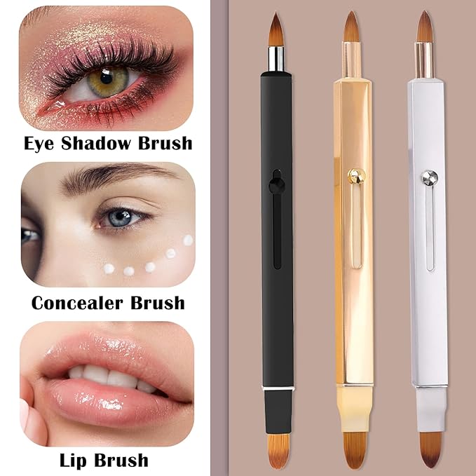 3 Pack Lip Brush for Lipstick Makeup Brushes Double-Ended Retractable Lip Brush with Cap Dustproof for Lipstick Gloss Creams Portable with Cap(Black + Gold + Silver)-FemmiqueWomen