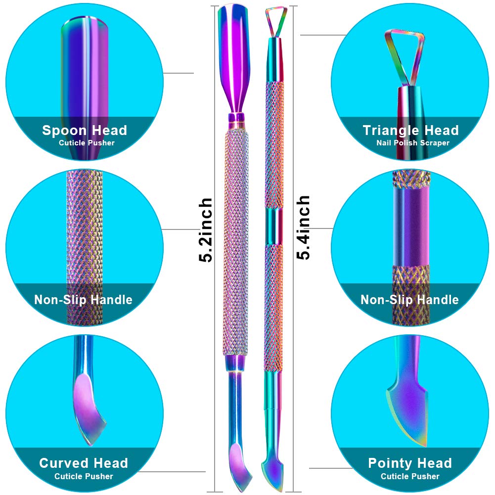 2PCS Metal Cuticle Pusher and Scraper (Chameleon/Rainbow), Colorful Nail Trimmer Cutter Stainless Steel Gel Scraper Tool, Polish Remover Peeler Salon Manicure Cleaner for Fingernail and Toenail-FemmiqueWomen