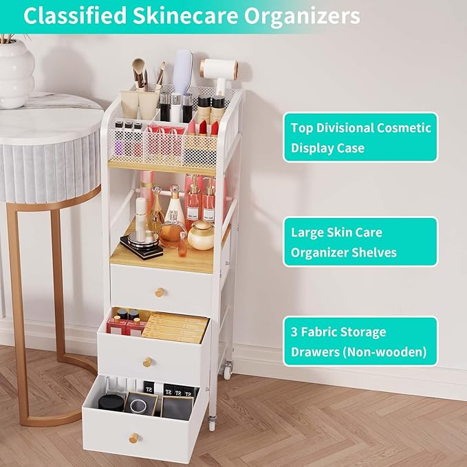 HapiRm Rolling Makeup Cart Organizer - Floor Skincare Make Up Storage with 3 Drawers, Vanity Organizer Cosmetic Display Cases Holder for Skin Care Perfume Nail Polish Brush Hair Tool-FemmiqueWomen