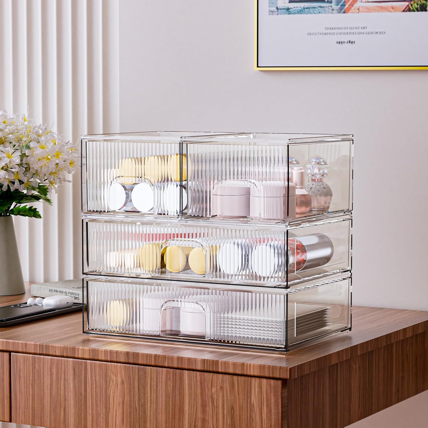 ZHIAI Stackable Storage Box, Acrylic Organizer, Cosmetic Organizer for Cosmetics and Beauty Products for Dressers, Bathrooms, Cabinets, Bedrooms and Home Organization 4 Piece Set-FemmiqueWomen