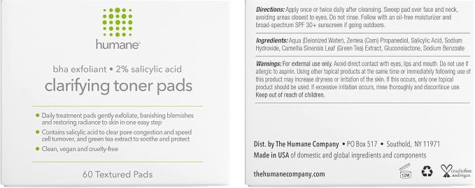 Humane Clarifying Toner Pads for Face - 2% BHA Liquid Salicylic Acid - Pore Minimizer and Facial Exfoliator - Gentle for All Skin Types - Removes Excess Oil, Dead Skin Cells, and Grime - 4 Ounce-FemmiqueWomen