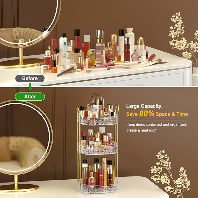 Awenia Rotating Makeup Organizer 360, Stackable Adjustable Large Capacity Cosmetic Storage Unit,Dresser Bathroom Kitchen Countertop Organizer with Metal Handle, Plus Size (Clear, 3 Tier)-FemmiqueWomen