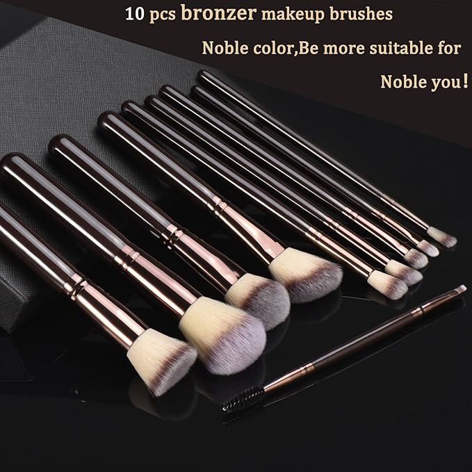 10 Piece Black brown Makeup Brushes - Wooden Handle with Soft Synthetic Bristles,for Face & Eye Makeup|Professional Makeup Brushes set for Women & Girls|-FemmiqueWomen