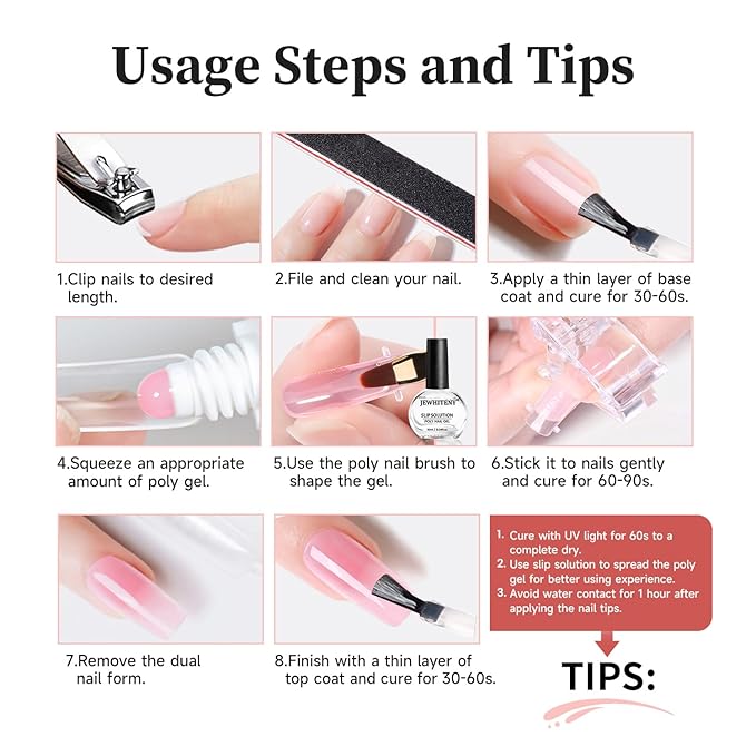 JEWHITENY Poly Nail Gel Set Clear Pink White Neutral Classic Color Poly Extension Gel With Base and Top Coat Slip Solution French Manicure for Home DIY Need U V Lamp Curing-FemmiqueWomen