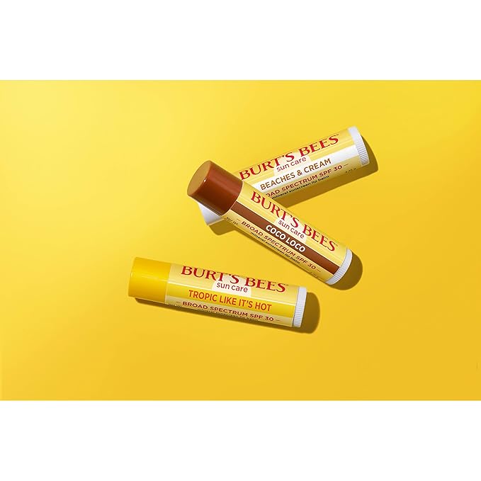 Burt’s Bees SPF 30 Lip Balm Mothers Day Gifts for Mom, Island Getaway - Coco Loco, Beaches & Cream, Tropic Like It's Hot, Water-Resistant Sun Care, Natural Origin Lip Treatment, 3 Tubes, 0.15 oz-FemmiqueWomen