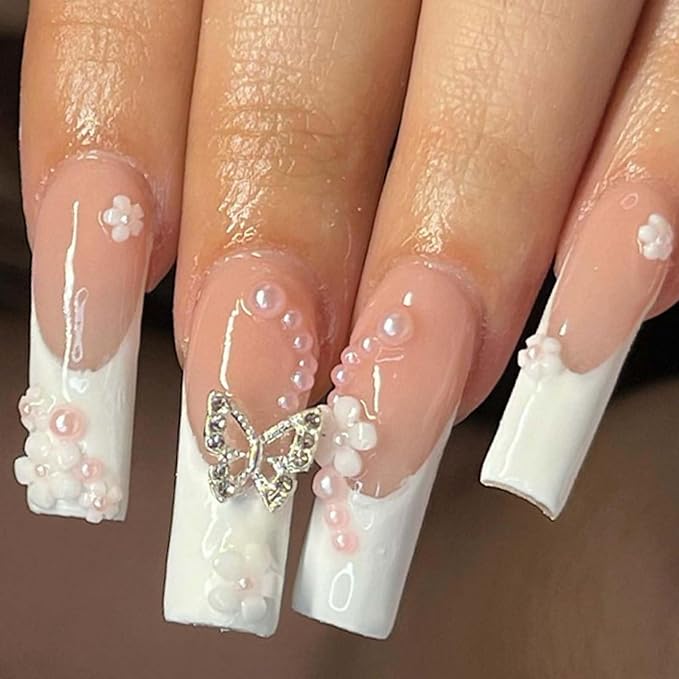 Long Coffin False Nails White French Press on Nails Pearl Butterfly Jewelry Nails Tips Acrylic Cute Fake Nails for Women and Girls 24Pcs