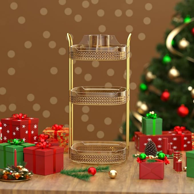 Awenia Rotating Makeup Organizer 360, Stackable Adjustable Large Capacity Cosmetic Storage Unit,Dresser Bathroom Kitchen Countertop Organizer with Metal Handle, Plus Size (Honorable Gold, 3 Tier)-FemmiqueWomen