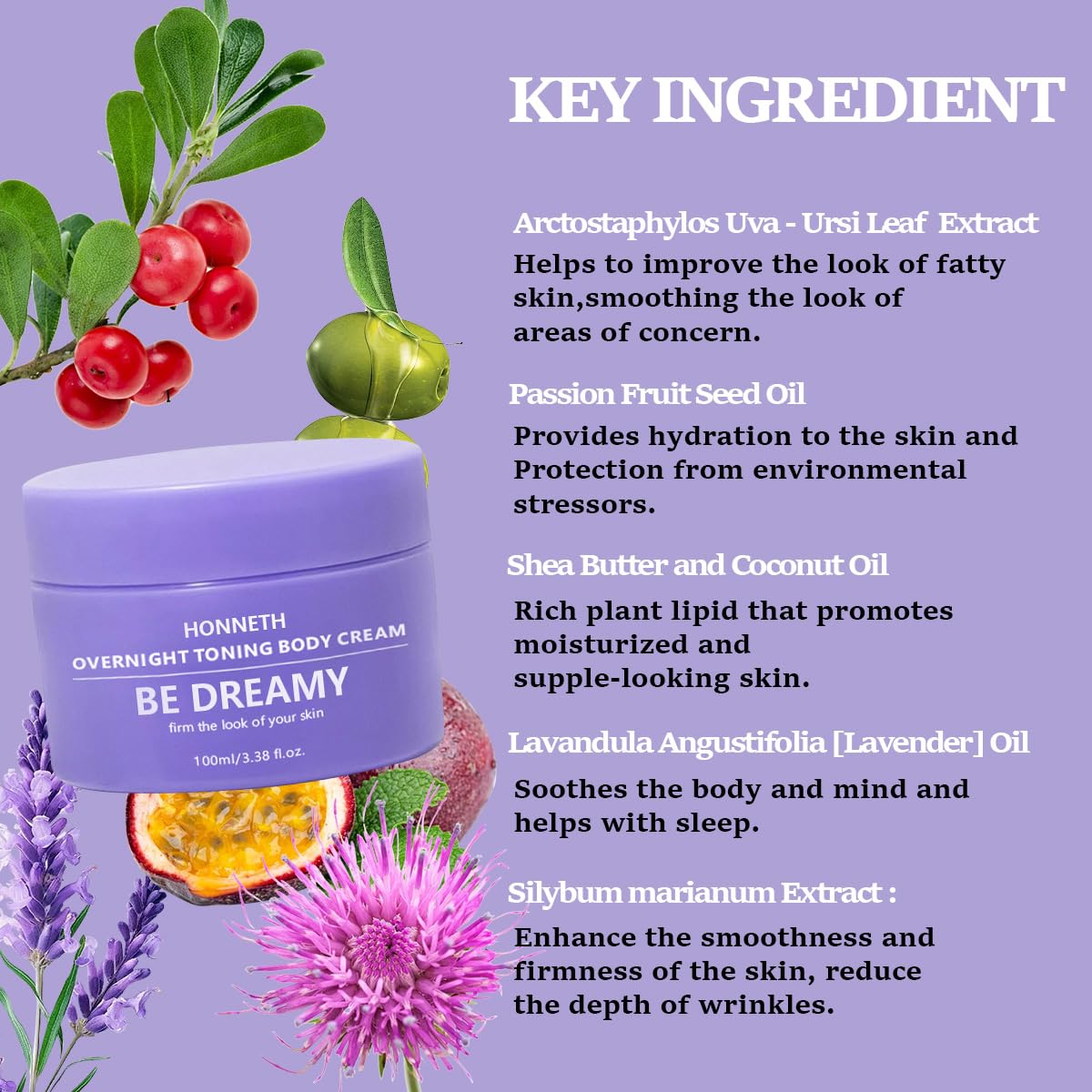 Honneth BE-DREAMY Overnight Toning Whip Body Firming Cream for Legs, Stomach, Arms, with Milk Thistle & Passion Fruit Seed Oil, Targets Loose Skin, 3.38 oz-FemmiqueWomen