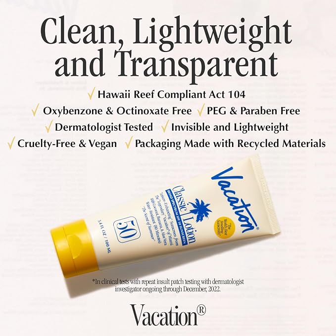 Vacation Classic Sunscreen Lotion SPF 50 & Air Freshener Bundle, Water-Resistant, Lightweight, Transparent on All Skin Tones, Dermatologist-Tested, Vegan, Travel Size, 3.4 Fl. Oz.-FemmiqueWomen