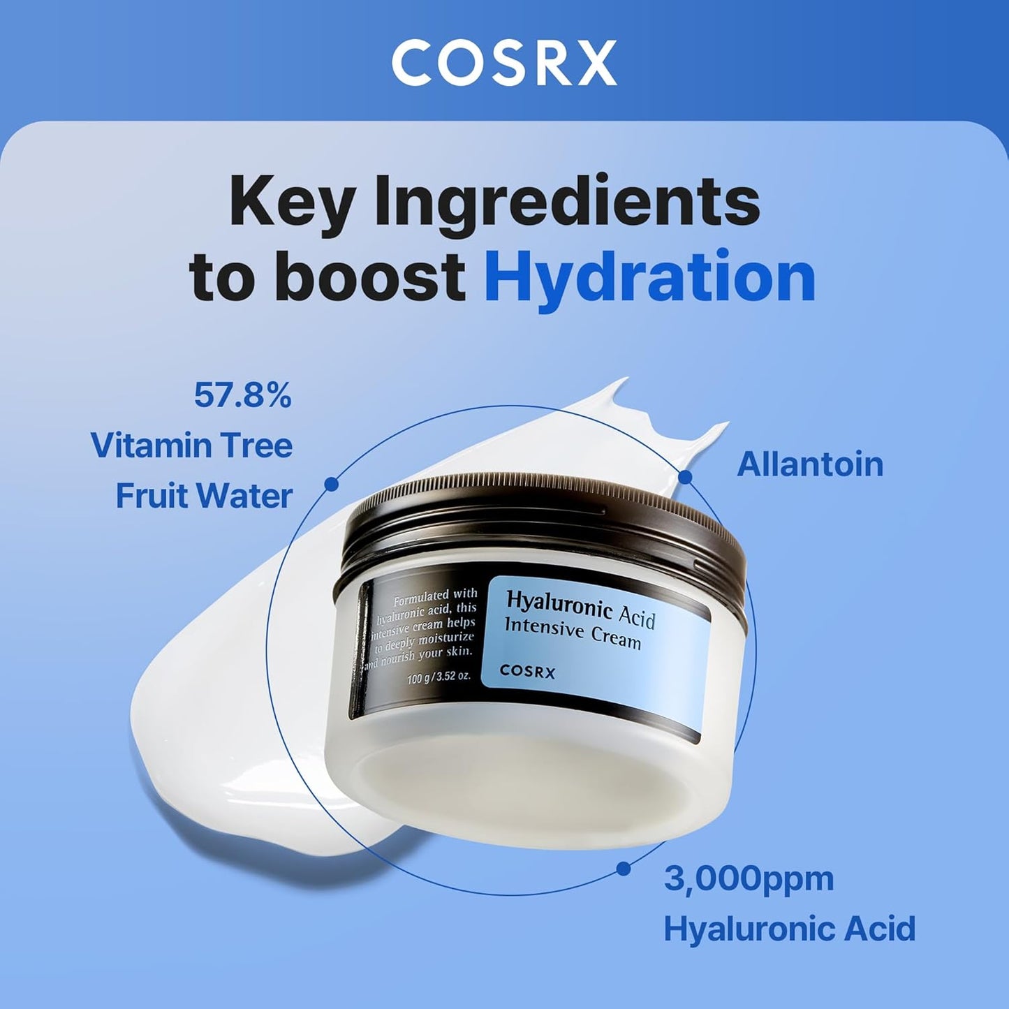 COSRX Hyaluronic Acid Moisturizing Cream, Long-lasting Hydration, Rich Moisturizer for Sensitive Skin 3.52 oz / 100g, Korean Skin Care, Animal Testing Free, Parabens Free-FemmiqueWomen