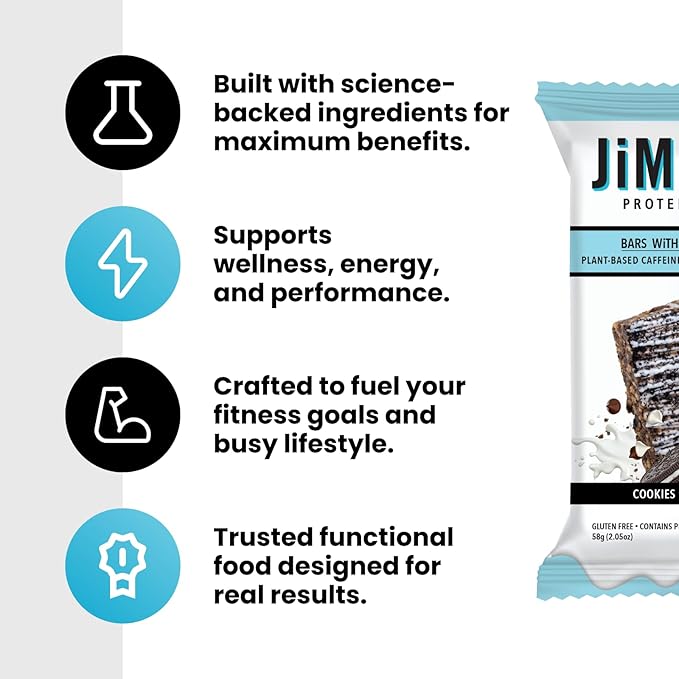 JiMMYBAR! - Sea Salt Caramel Cookies N' Cream - 19g High Protein Bars - 7g Sugar - 12 Count - 58g Health Bars - Natural Peanut Butter Core - Caffeinated Protein Bar For Energy- Hand Drizzled Chocolate-FemmiqueWomen