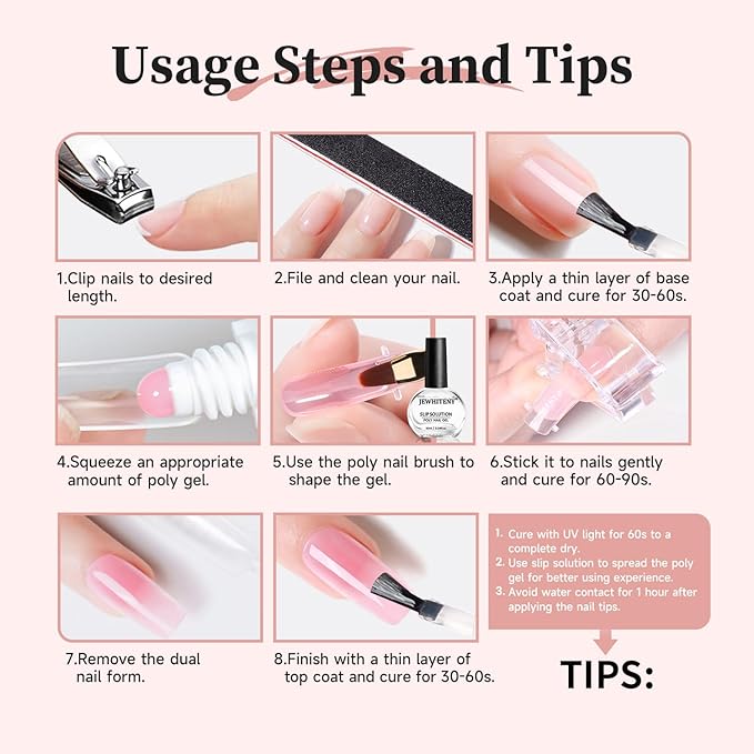 JEWHITENY Poly Extension Gel Nail Set Clear Pink Poly Nail Gel With Slip Solution Base Coat Top Coat French Manicure Need U V Lamp Curing for Finger Art and Home DIY-FemmiqueWomen