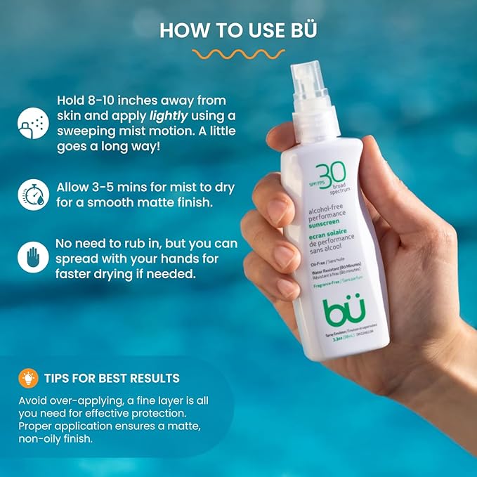 BU SPF 30 Sunscreen Spray for Face and Body, Fragrance Free, TSA Travel Size Sunscreen, Clear, Non Greasy, Water Resistant, for Sensitive Skin, 3.3 oz (3 Pack)-FemmiqueWomen