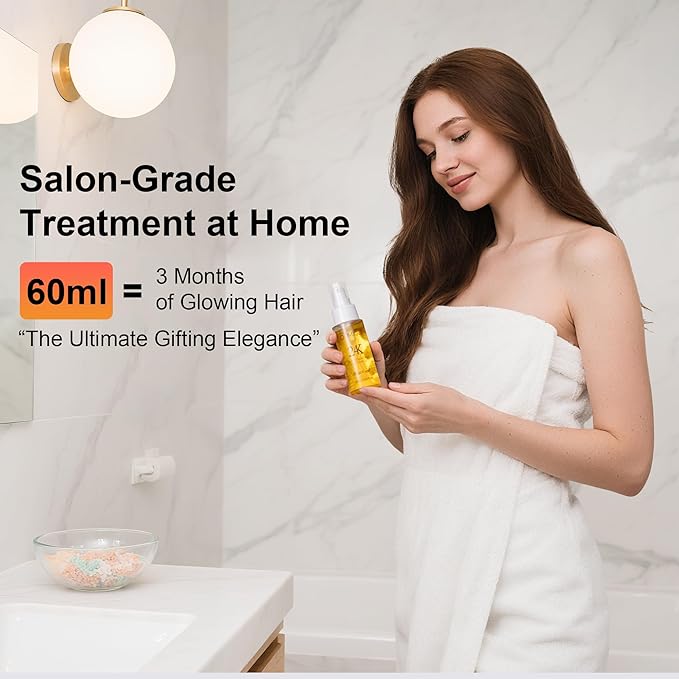 24K Gold Hair Oil, Repair Shine Serum with Coconut, Argan & Olive Oils - Heat Protectant and Frizz Control - Vegan, Lightweight Leave-In Treatment for Dry Damaged Hair (2.02 Fl Oz (Pack of 1))-FemmiqueWomen