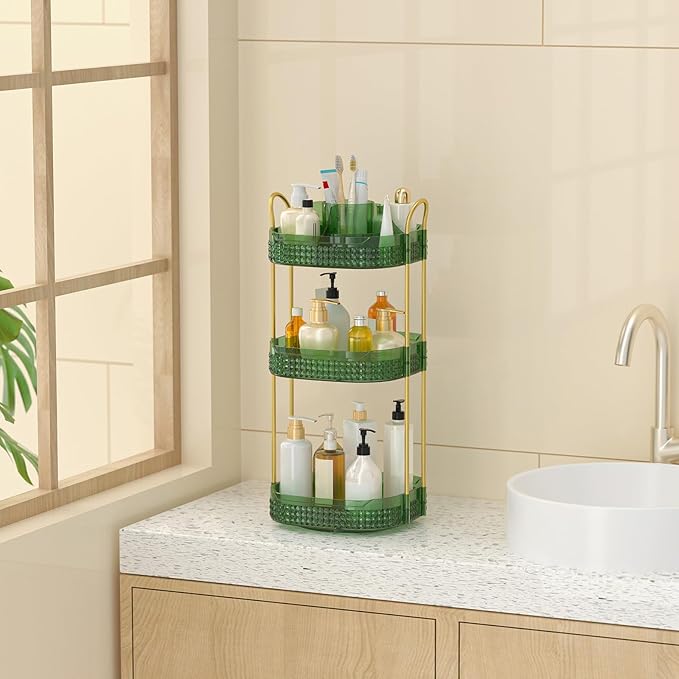 Rotating Makeup Organizer for Vanity 3 Tier, Perfume Organizer with Makeup Brush Holder, Large Capacity Cosmetics Clear Skincare Organizer for Countertop (Green)-FemmiqueWomen