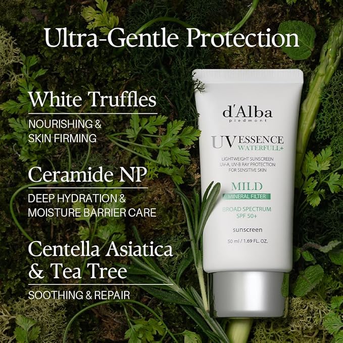 d'alba Piedmont Italian White Truffle Waterfull Mild Sunscreen, Vegan, Mineral Sunscreen, BROAD SPECTRUM SPF 50+ Non-Nano Suitable for Sensitive Skin, Korean Skin Care (1.69 fl. oz)-FemmiqueWomen
