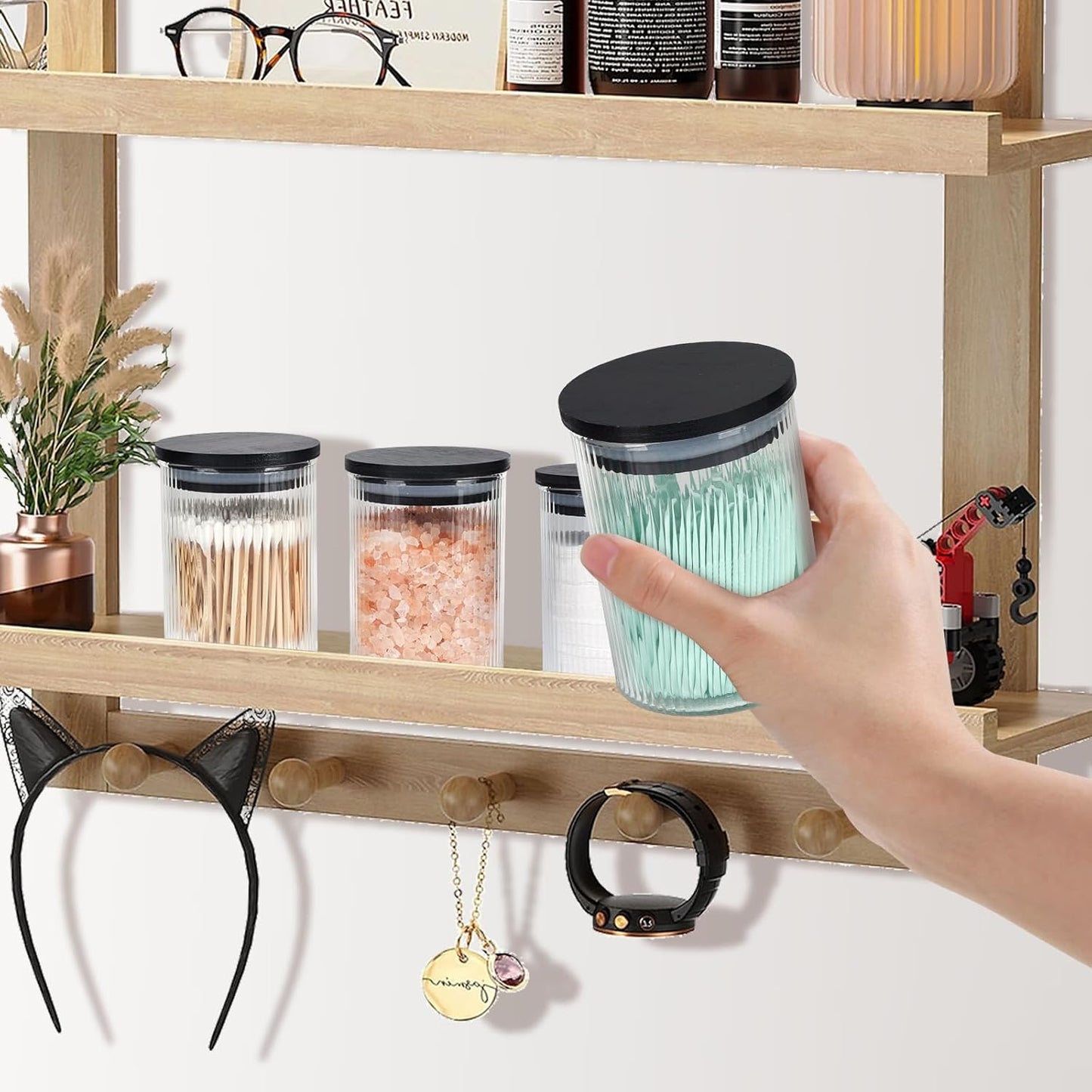 2 Pack Ribbed Glass Qtip Holder Dispenser Set - Apothecary Jars with Lids - Bathroom Canister Storage Organizer and Vanity Makeup Organizer for Cotton Ball, Cotton Swab, Cotton Round Pads,Floss-FemmiqueWomen