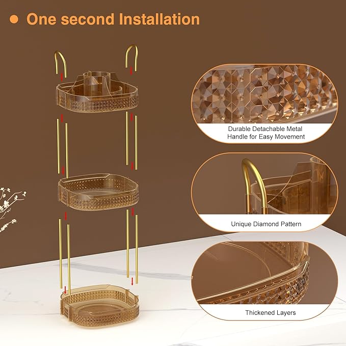 Awenia Rotating Makeup Organizer 360, Stackable Adjustable Large Capacity Cosmetic Storage Unit,Dresser Bathroom Kitchen Countertop Organizer with Metal Handle, Plus Size (Honorable Gold, 3 Tier)-FemmiqueWomen