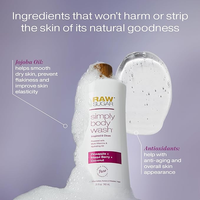 RAW SUGAR Simply Body Wash, (25 Fl Oz, Pack of 1) Bath Soap, Formulated without Sulfates & Parabens (Pineapple + Maqui Berry + Coconut)-FemmiqueWomen