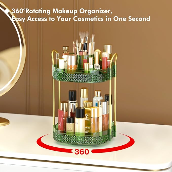Awenia Rotating Makeup Organizer 360, Stackable Adjustable Large Capacity Cosmetic Storage Unit,Dresser Bathroom Kitchen Countertop Organizer with Metal Handle, Plus Size (Gem Green, 2 Tier)-FemmiqueWomen