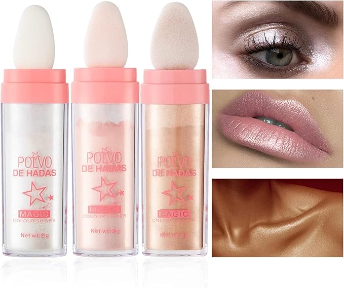 3 Color Polvo De Hadas, Body Glitter Highlighter Powder Fairy Stick for Makeup Shimmer and Shine High Gloss Blush Contour Powder Makeup - Sparkle Patting for Hair Face Eyes Body-FemmiqueWomen