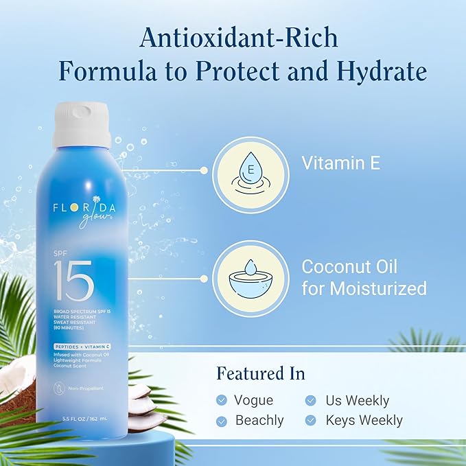 Florida Glow SPF 15 Sunscreen Spray - Hawaii 104 Reef Act & Florida Keys Compliant, Broad Spectrum, Water Resistant - Sun screen protector for face and body, PABA-Free & Oxybenzone Free (5.5 Fl Oz)-FemmiqueWomen