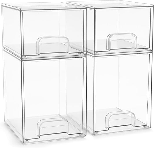 Sorbus Acrylic Storage Containers - 4 Pack, Stackable Storage Bins Set for Bathroom Organization - Clear Acrylic Drawer Organizers - Makeup Case Pull-Out Drawers (7.6’’ and 4.4’’ Tall)-FemmiqueWomen