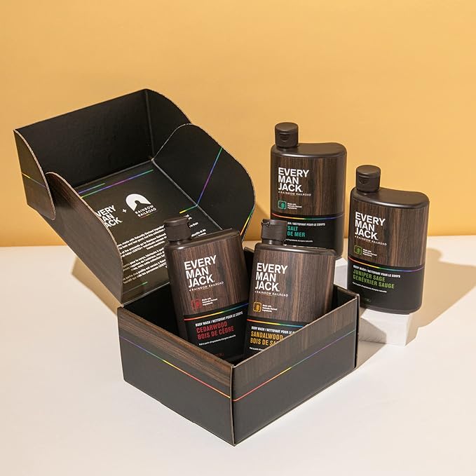 Every Man Jack Body Wash Variety Box - Includes Four Body Washes with Clean Ingredients & Incredible Scents - Round Out His Routine with Sandalwood, Cedarwood, Juniper Sage, & Sea Salt Body Washes-FemmiqueWomen