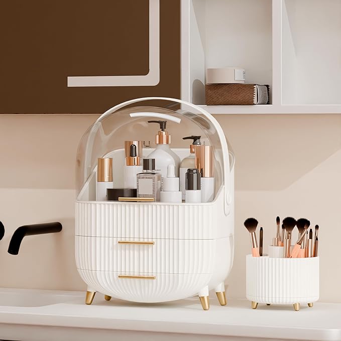 Makeup Organizers and Storage Make up Organizer for Vanity Cosmetics Skincare With Lid and Drawers Display Cases for Countertop Bathroom Women Teenager Girl Gifts(White+Brush Holder)-FemmiqueWomen
