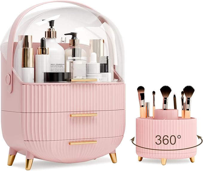 Makeup Organizers and Storage Make up Organizer for Vanity Cosmetics Skincare With Lid and Drawers Display Cases for Countertop Bathroom Women Teenager Girl Gifts(Pink+Brush Holder)-FemmiqueWomen