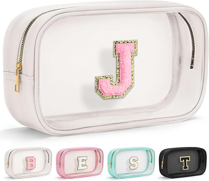 YOOLIFE Initial Make Up Bag Travel Toiletry Bag, Clear Makeup Bag Preppy Cosmetic Bags Organizer Travel Essentials Gifts for Women Teen Girlfriend Teacher Mom Brithday Mothers Day Gifts, Large, White-FemmiqueWomen