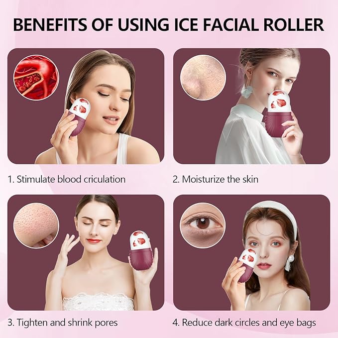 2pcs Ice Roller for Face and Eye, Silicone Ice Facial Roller Ice Holder, Face Ice Mold Skin Care, Face Icers Reusable Ice Cube Roller for Shrink Pores Anti Wrinkle Reduce Puffiness, Pink Rose-FemmiqueWomen
