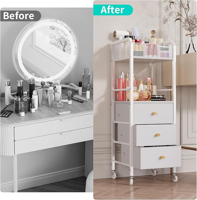HapiRm Rolling Makeup Cart Organizer - Floor Skincare Make Up Storage with 3 Drawers, Vanity Organizer Cosmetic Display Cases Holder for Skin Care Perfume Nail Polish Brush Hair Tool, White-FemmiqueWomen