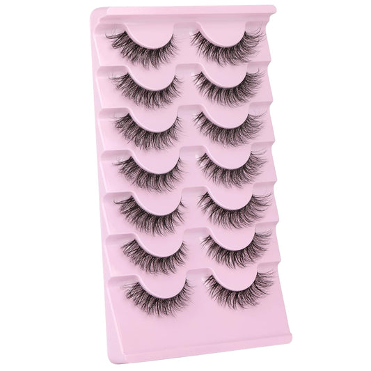 JIMIRE False Eyelashes with Clear Band 3D Fluffy Lashes Demi-wispies Natural Look Cat Eye Faux Mink Fluttery Eyelashes 15MM D Curl Eye Lashes Pack 7 Pairs-FemmiqueWomen