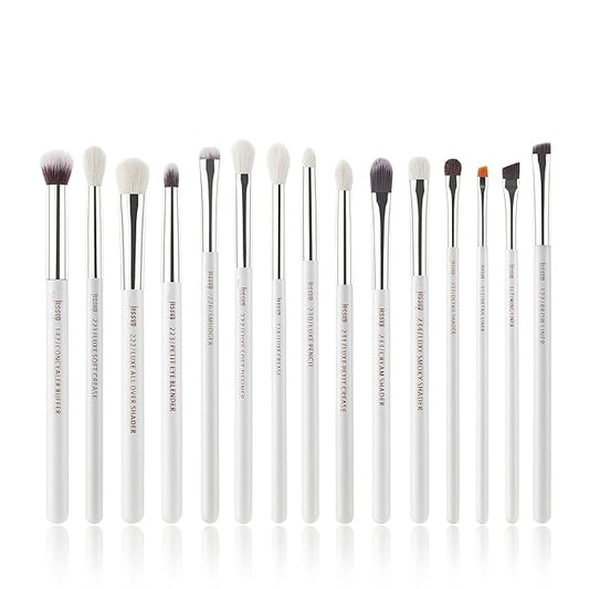 Jessup Small Eye Makeup Brush Set Professional 15pcs White/Silver Premium Natural-synthetic Eye Shadow Blending Concealer Eye & Brow Liner Brushes, T237-FemmiqueWomen
