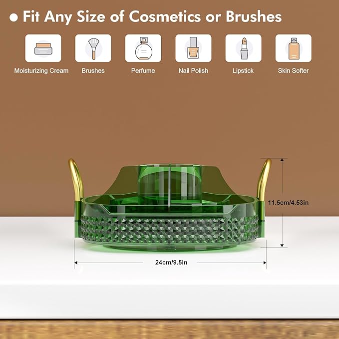 Awenia Rotating Makeup Organizer 360, Stackable Adjustable Large Capacity Cosmetic Storage Unit,Dresser Bathroom Kitchen Countertop Organizer with Metal Handle, Plus Size (Gem Green, 1 Tier)-FemmiqueWomen