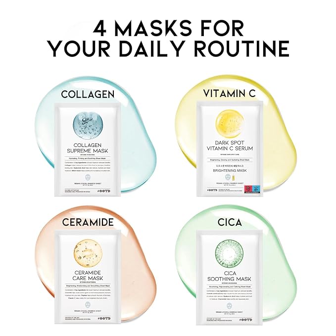 #OOTD Face Mask Korean Skincare for Dry Sensitive Skin | Hydrating, Revitalizing, Calming, Collagen, Ceramide, Cica, Vitamin C Serum Sheet Masks (12EA)-FemmiqueWomen