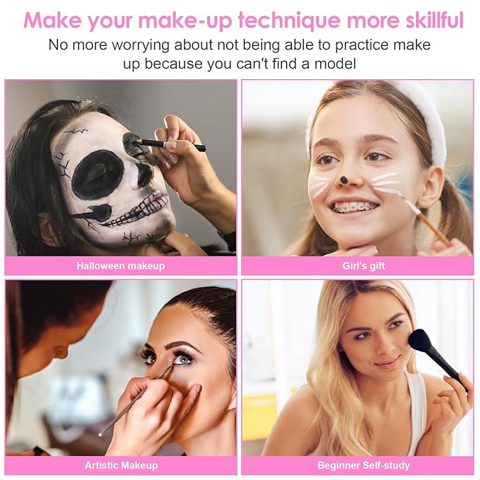 3D Makeup Practice Kit,Reusable Silicone Makeup Practice Face Board/Makeup Mannequin Face,with Makeup Brushes Set&Eyebrow Pencils&Eyelashes&a Makeup Bag&makeup remover towel&Eyeshadow&Lipstick-FemmiqueWomen