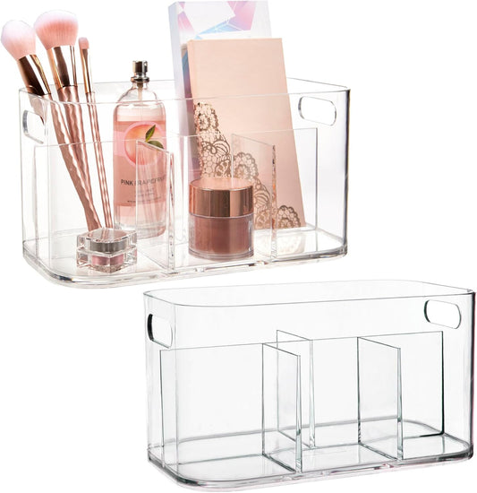 STORi Bliss 5-Compartment Plastic Cosmetics Storage Organizer, Set of 2 | Clear | Rectangular Divided Makeup Bin & Vanity Caddy with Pass-Through Handles | Round Corner Design | Made in USA-FemmiqueWomen