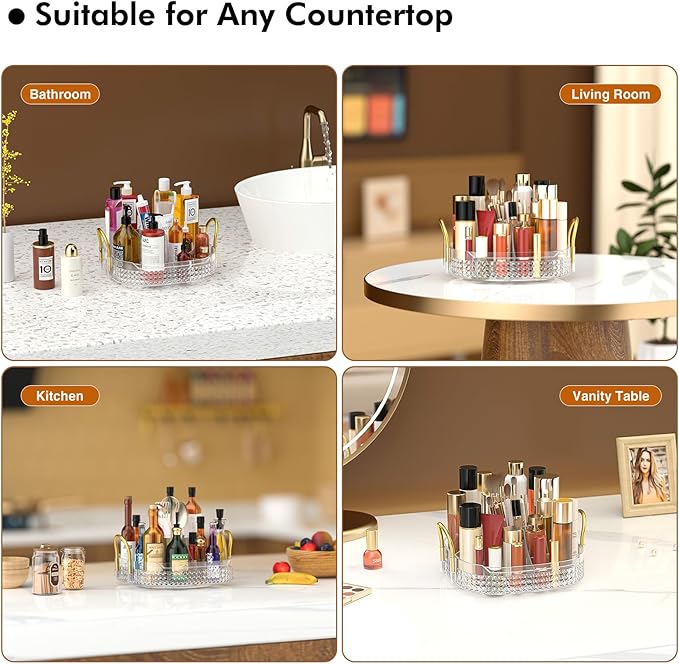 Awenia Rotating Makeup Organizer 360, Stackable Adjustable Large Capacity Cosmetic Storage Unit,Dresser Bathroom Kitchen Countertop Organizer with Metal Handle, Plus Size (Clear, 1 Tier)-FemmiqueWomen