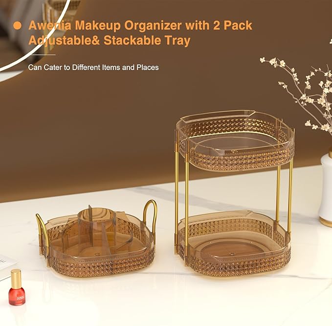 Awenia Rotating Makeup Organizer 360, Stackable Adjustable Large Capacity Cosmetic Storage Unit,Dresser Bathroom Kitchen Countertop Organizer with Metal Handle, Plus Size (Honorable Gold, 3 Tier)-FemmiqueWomen