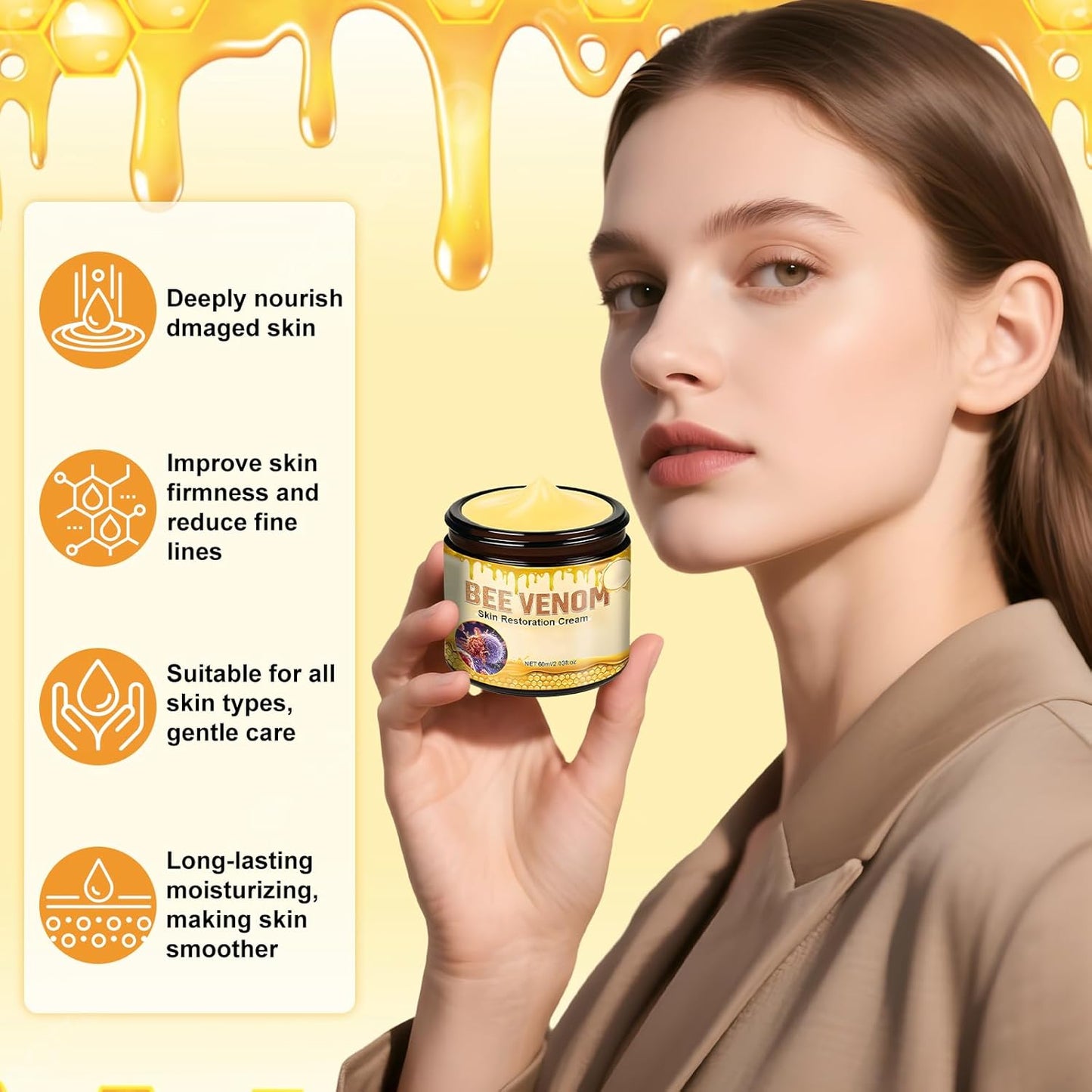 2PCS Bee Venom Skin Restoration Cream, Bee Venom Treatment Cream, Skin Treatment for Firming, Wrinkle Reduction & Moisturizing, Suitable for All Skin Types-FemmiqueWomen