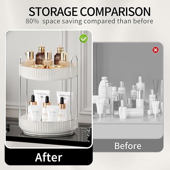 Rotating Makeup Organizer for Vanity, 2 Tier High-Capacity Skincare & Makeup Storage, Perfume Organizer, Cosmetic Dresser, Countertop 360 Spinning-FemmiqueWomen