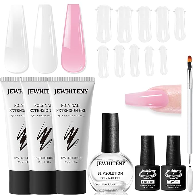 JEWHITENY Poly Extension Gel Nail Set Clear White Pink Poly Nail Gel With Base Coat Top Coat for Finger Art and Home DIY French Manicure Need U V Lamp Curing-FemmiqueWomen